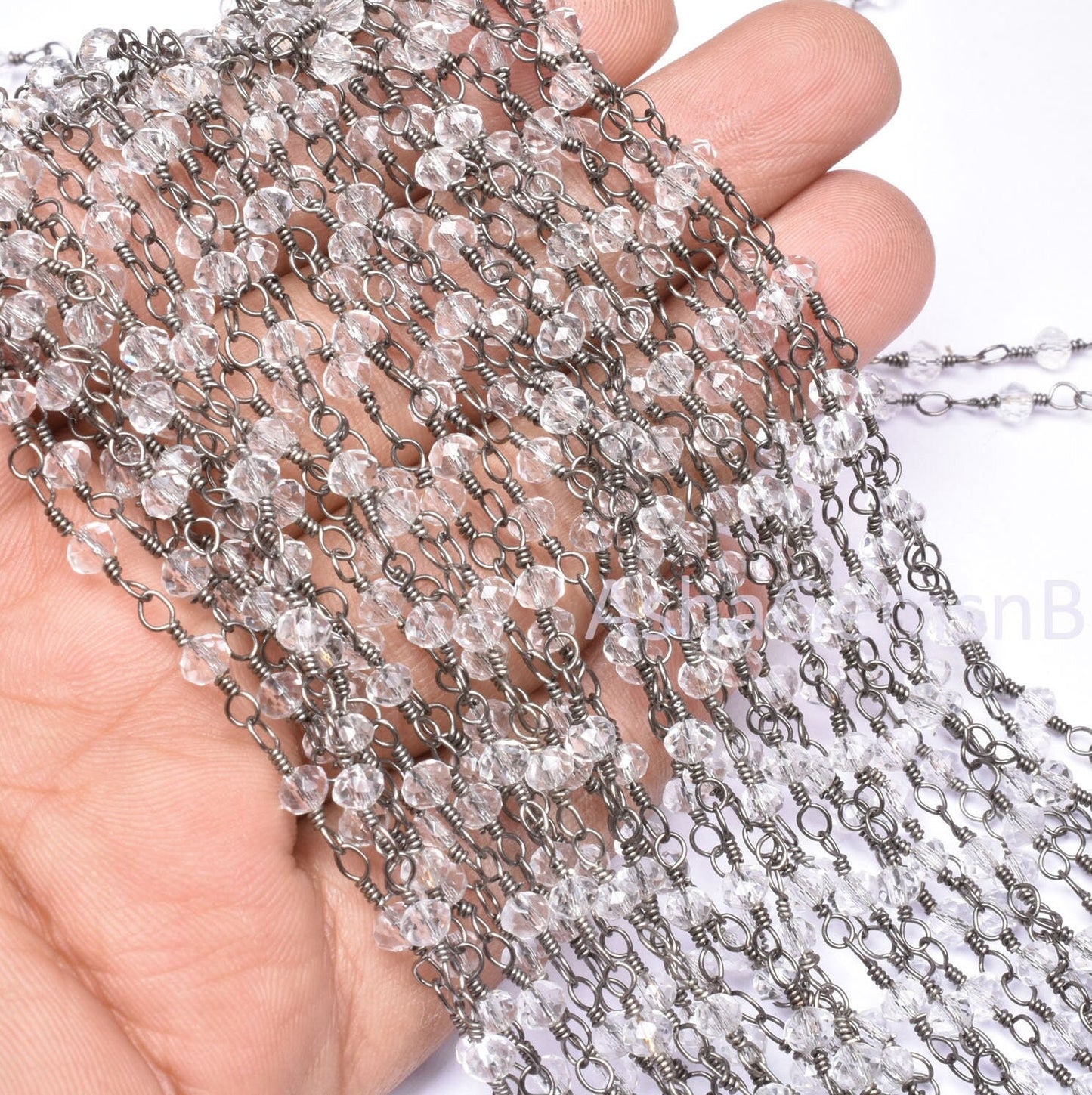3,5,10,25 Feet,Crystal Quartz Hydro Rondelle Faceted Beads Rosary Chain, Black Plated Wire Jewelry Chain,Finding,3.5mm,Beaded Chain Gunmetal
