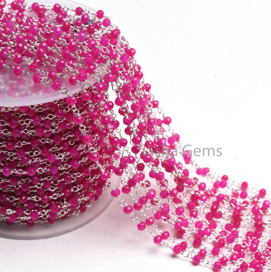 Beautiful Pink Chalcedony Hydro Faceted Rondelle Beaded Rosary Chain Silver Plated Wire 3,5,10 Feet Jewelry Making Finding, Wire Wrapped Chain SALE