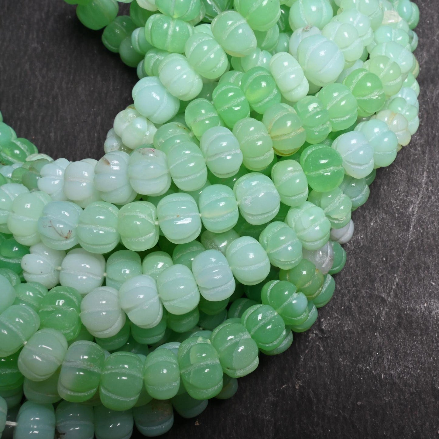 Beautiful Green Parrot Opal Carved watermelon beads, Fine mint Green Opal Shaded Carving Pumpkin Opal Fancy Hand Carve Bead Jewelry Necklace