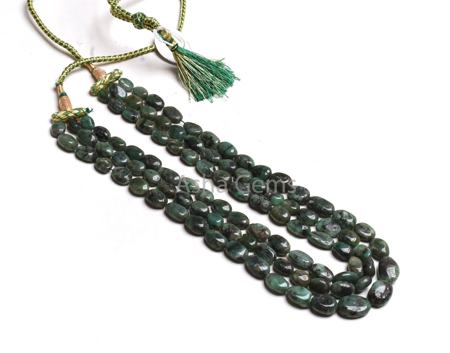 3 Strand Necklace Emerald Oval Smooth Beads, 7x10-12x17 mm Real Green Emerald Plain Handmade Uneven Oval Gemstone Bead Necklace Jewelry SALE