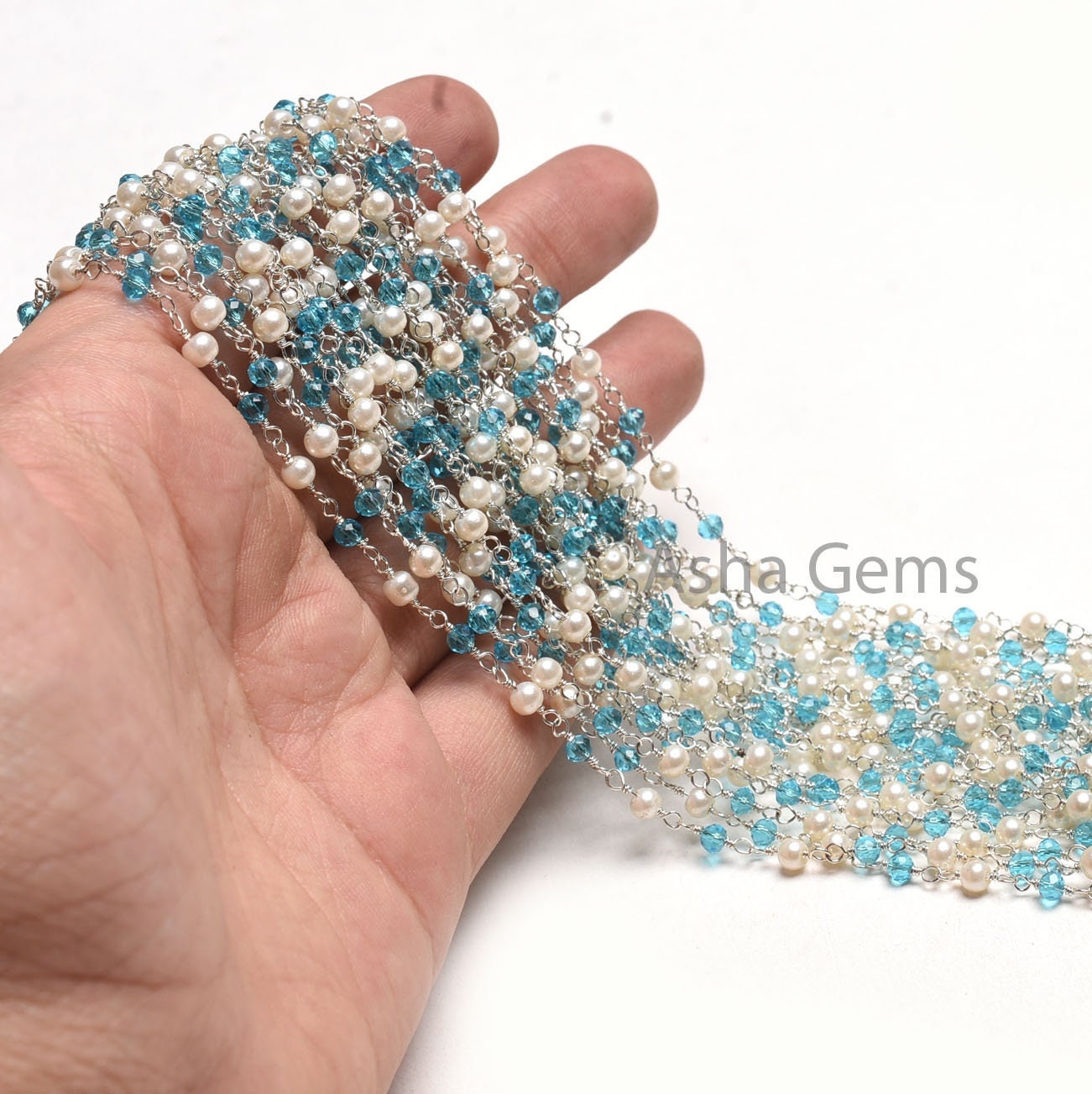 SALE Beautiful White Pearl, Blue Topaz Hydro Beads Rosary Chain, Faceted Rondelle Beaded Gold Plated Chain Wire Wrapped Jewelry Making Chain