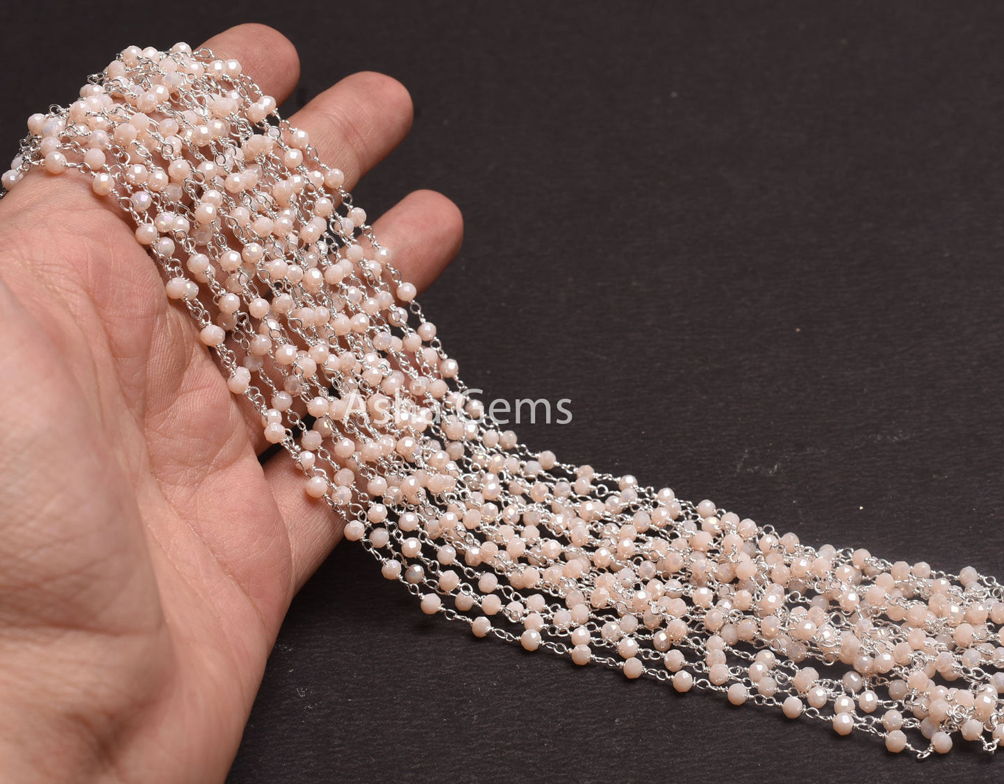 Silver Plated 3,5,10,25Ft,Pink Opal Hydro Coated Rondelle Faceted Beaded Rosary Chain Wire Bulk Roll Finding Chain 3-3.5mm Bead Rosary Chain
