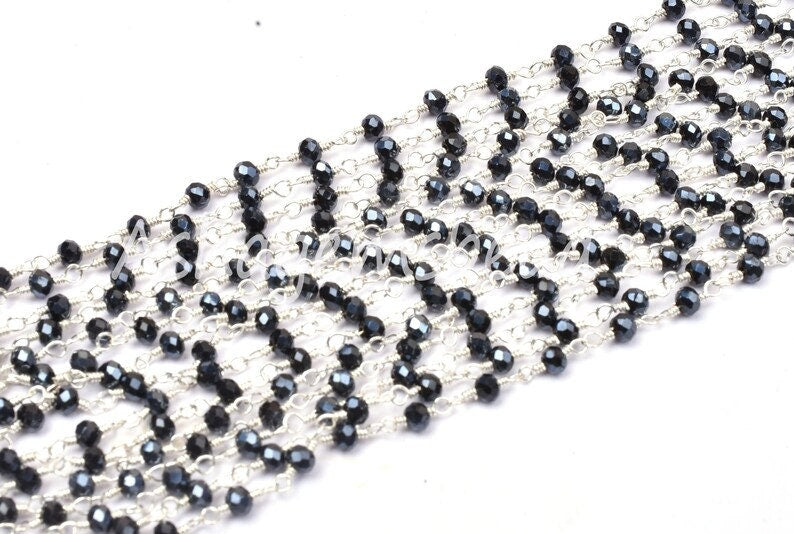 AAA Black Spinel Hydro Silver Coated Beads Rosary Chain By Feet,3mm Silver Plated Wire Wrap Bulk Roll Micro Cut Beads Chain Jewelry Necklace