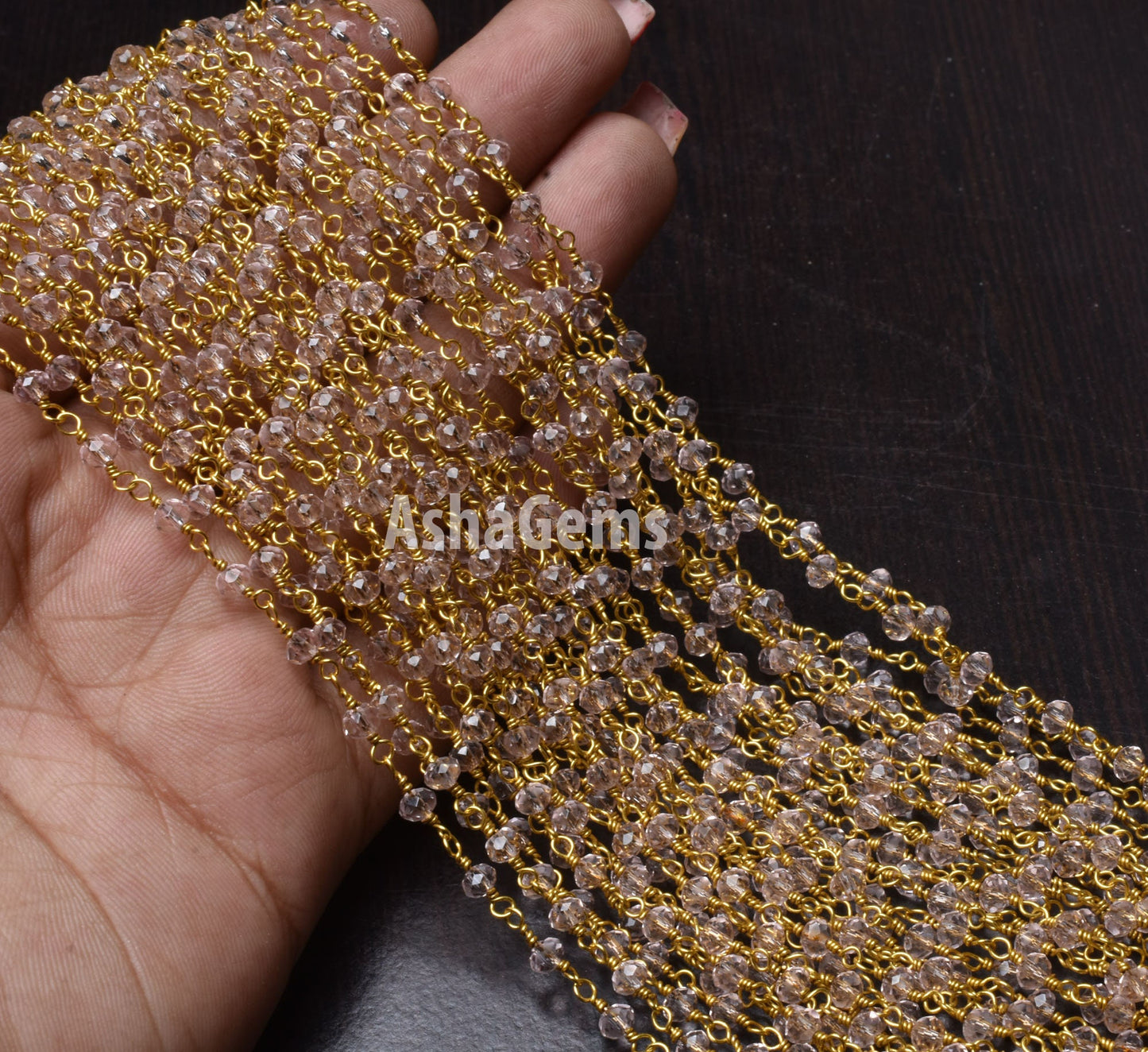 Beautiful Light Pink Quartz Hydro Faceted Rondelle Beads Rosary Chain,3-3.5mm Gold Plated Wire Wrap Beaded handmade Chain Jewelry Craft SALE