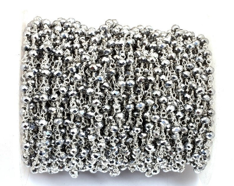 SALE 3,5,10 Feet,Silver Pyrite Hydro Faceted Rondelle Beaded Rosary Chain Silver Plated,Jewelry Making, Finding,Wire Wrapped Chain,3-3.5 mm