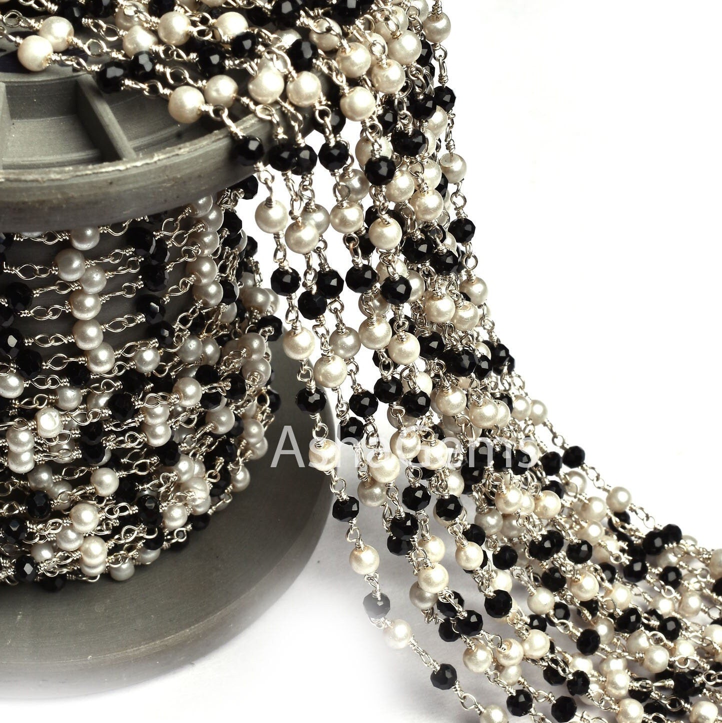 3,5,10,25,50 Feet Pearl Black Onyx Hydro Beads Rosary Chain Silver Plated Chain Faceted Rondelle Beads Rosary Chain Jewelry Making Chain DIY