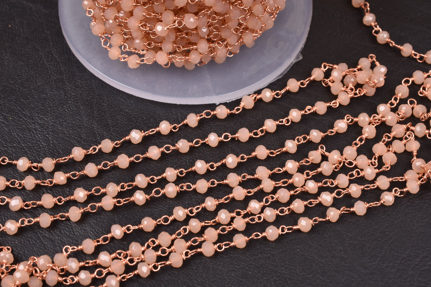 3,5,10,25 Ft,Peach Moonstone Hydro Faceted Rondelle Beaded Rosary Chain Rose Gold Plated,Jewelry Making,Finding,Wire Wrapped Chain,3-3.5 mm