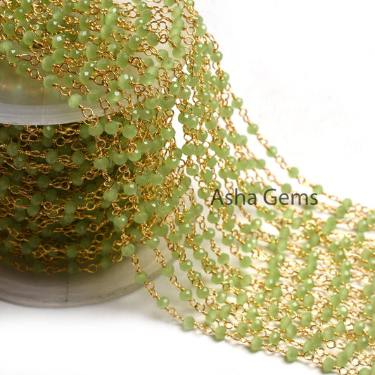Beautiful Green Quartz Hydro Faceted Rondelle Beads Rosary Chain By Foot,3mm Gold Plated Wire Wrap Jewelry making Handmade Rosary Chain SALE