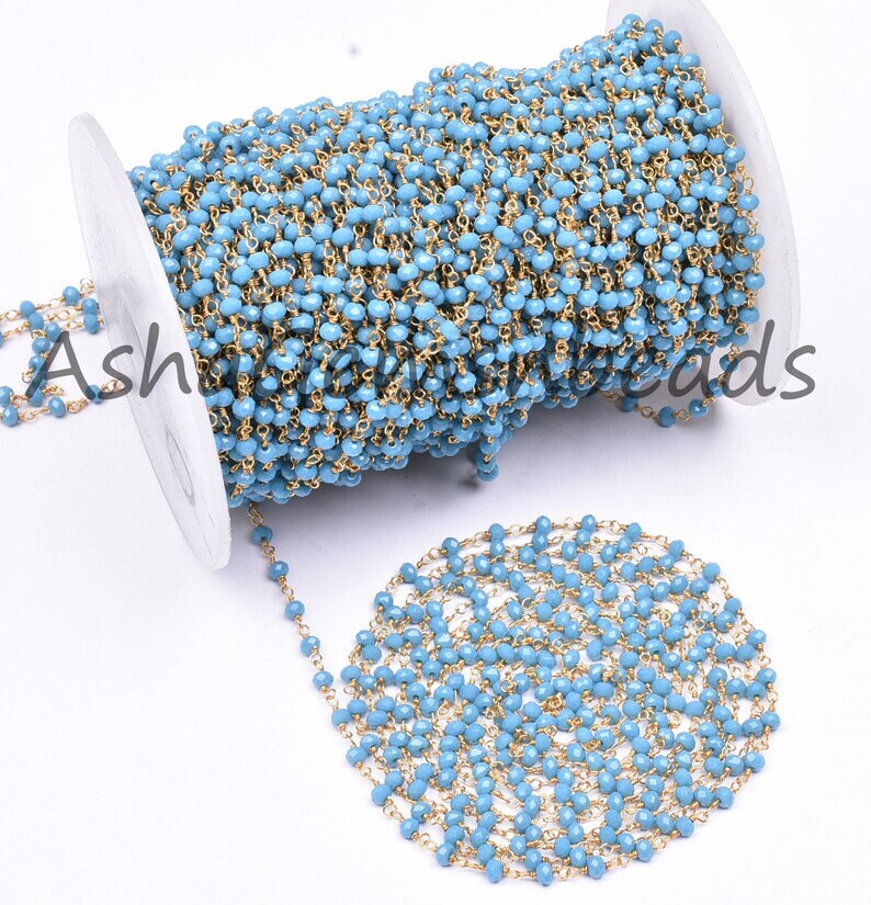 Beautiful Blue Turquoise Hydro Faceted Beads Rosary Chain,3 mm Gold Plated Wire Wrap Chain Jewelry Making Beaded Rosary Chains Handmade SALE