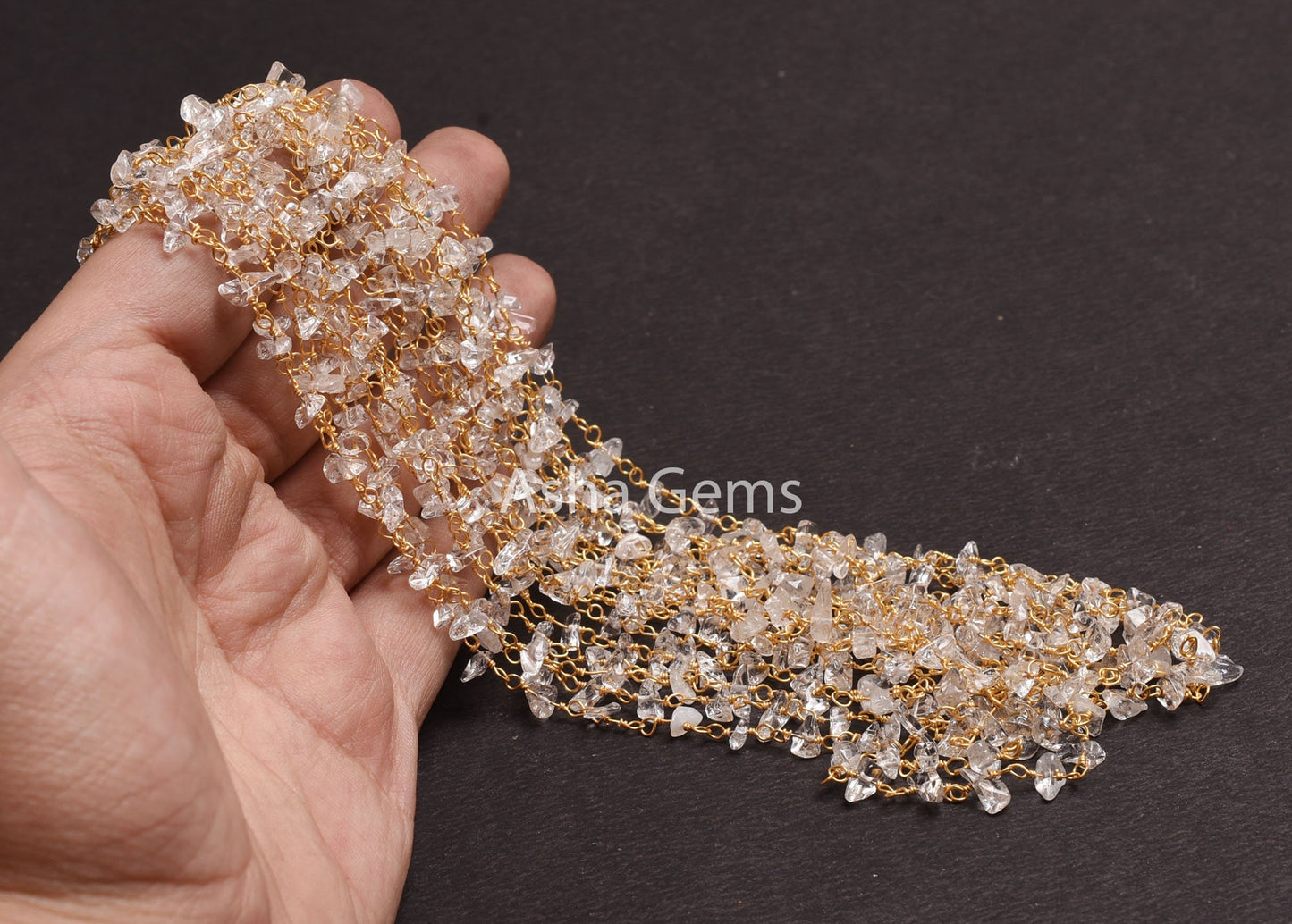 Beautiful Crystal Quartz Smooth Uncut Rosary Chain, Gold Plated Wire Wrap Gemstone Beaded handmade Chain Jewelry Making Necklace Craft SALE.