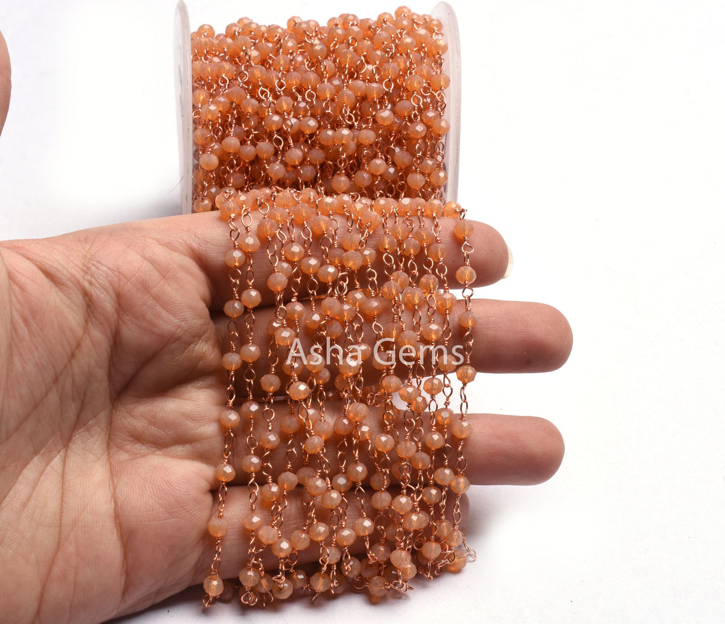 AAA Peach Moonstone Hydro Faceted Rondelle Beads Rosary Chain,4 mm Rose Gold Plated Copper Wire Wrap Beaded Handmade Chain Jewelry Necklace
