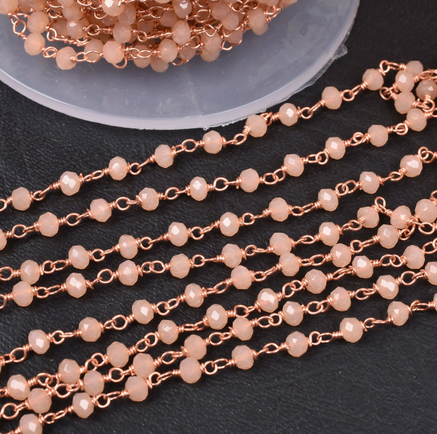 3,5,10,25 Ft,Peach Moonstone Hydro Faceted Rondelle Beaded Rosary Chain Rose Gold Plated,Jewelry Making,Finding,Wire Wrapped Chain,3-3.5 mm