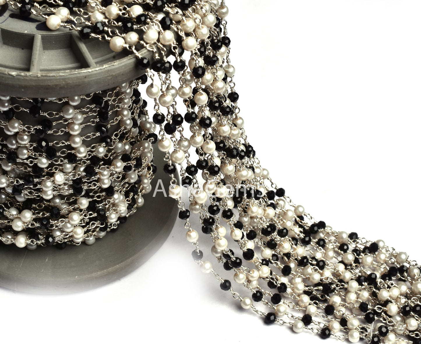 3,5,10,25,50 Feet Pearl Black Onyx Hydro Beads Rosary Chain Silver Plated Chain Faceted Rondelle Beads Rosary Chain Jewelry Making Chain DIY