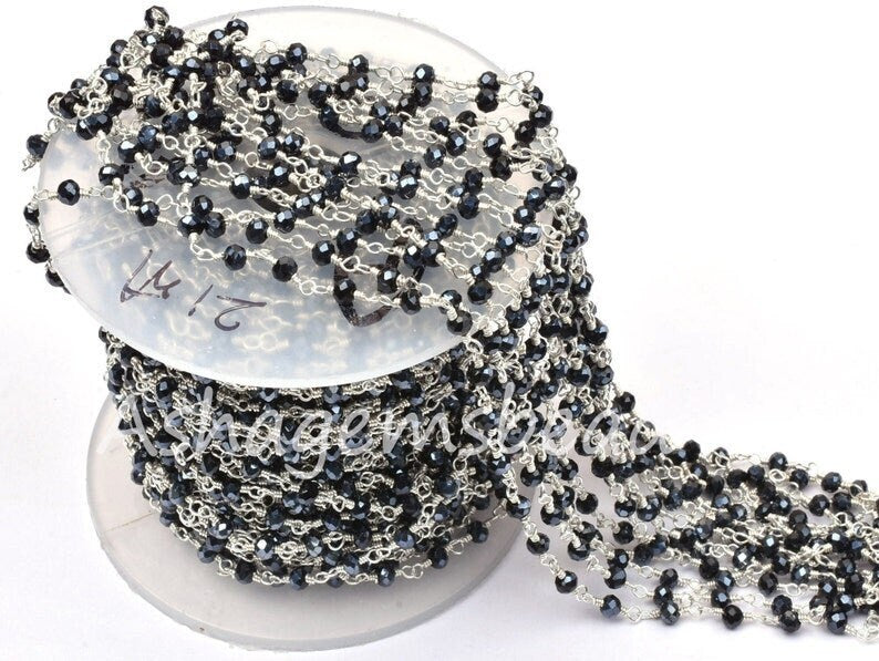 AAA Black Spinel Hydro Silver Coated Beads Rosary Chain By Feet,3mm Silver Plated Wire Wrap Bulk Roll Micro Cut Beads Chain Jewelry Necklace