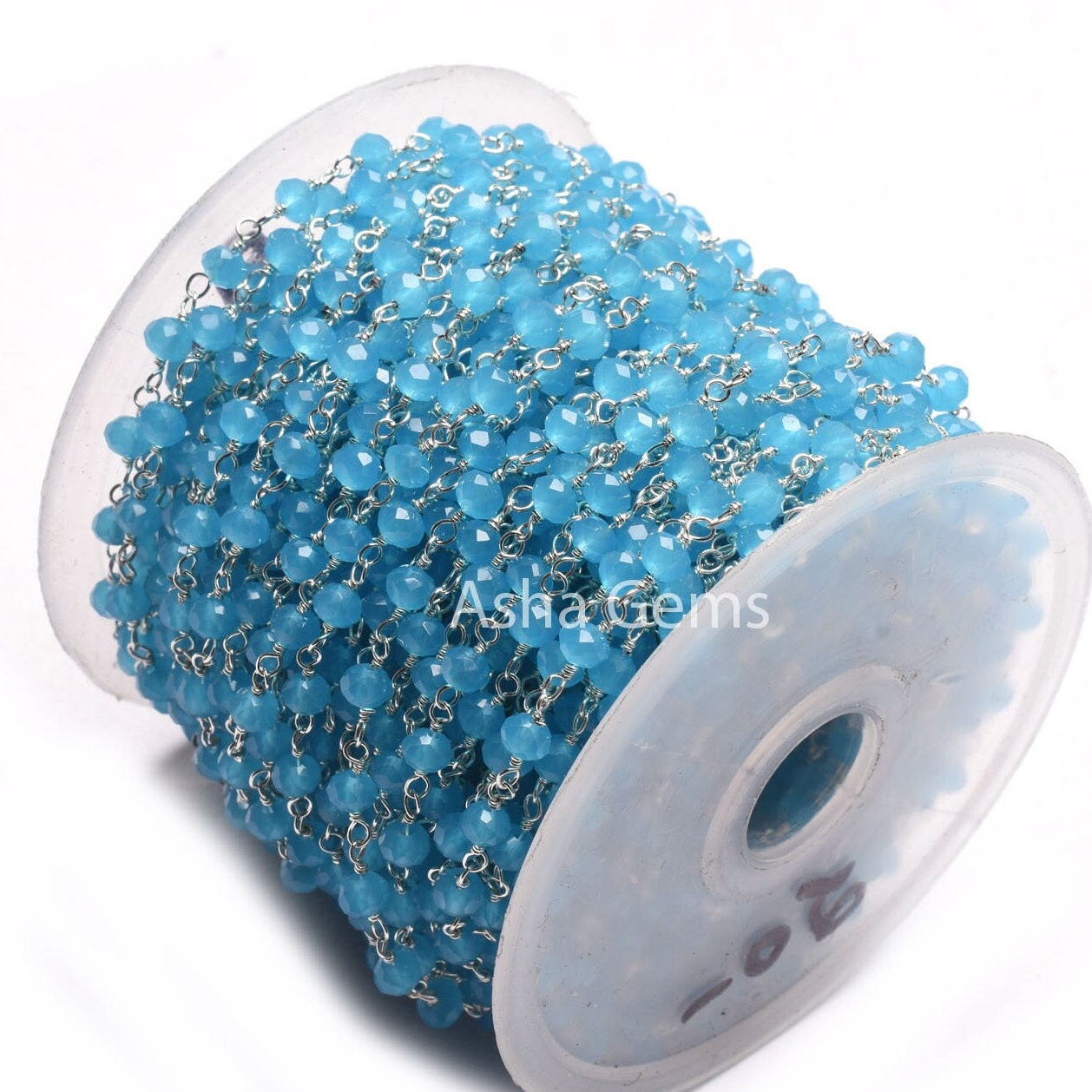 AAA Blue Milky Chalcedony Hydro Beads Rosary Chain by feet,4 mm Silver Plated Wire Wrap Micro Cut Rondelle Faceted Bead Chain Rosary Jewelry