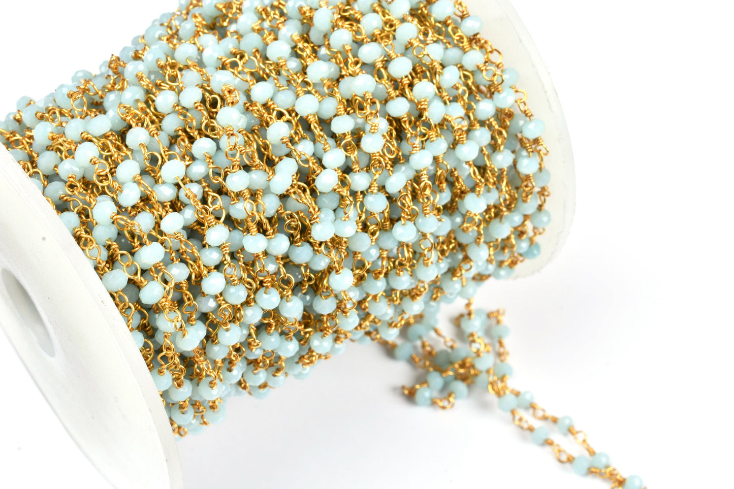 Beautiful Blue Larimar Hydro Faceted Rondelle Beads Rosary Chain By Feet,3 mm Gold Plated Wire Wrapped Handmade Beaded Chains Jewelry Crafts