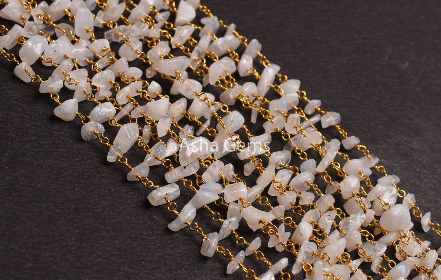 3,5,10,25 Foot Natural Rainbow Moonstone Uncut Chips Rosary Chain, Gold Plated Wire Wrap Bulk Roll Nugget Rosary Chain Jewelry Finding Chain