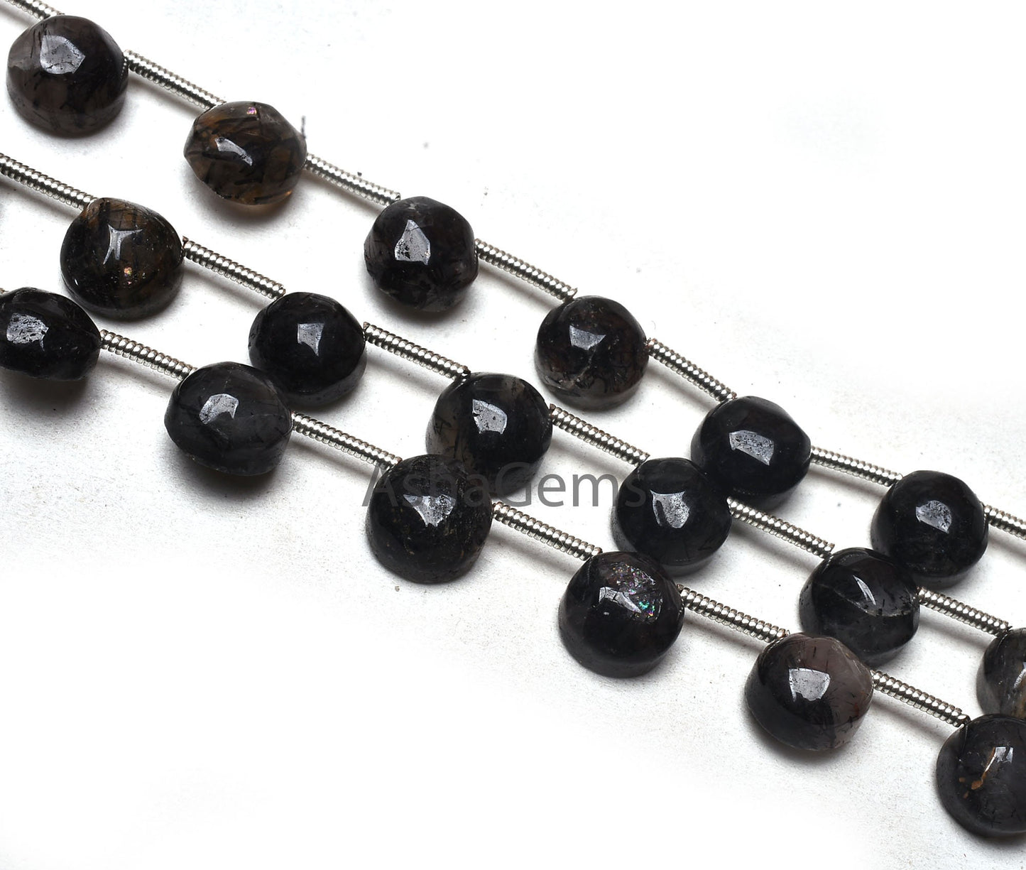 7.5-8 mm Black Rutile Smooth Round Cabochon Side Drill Beads, Natural Rutile Fancy Beads 1 Side Flat table Round Cab Gemstone Beads Jewelry