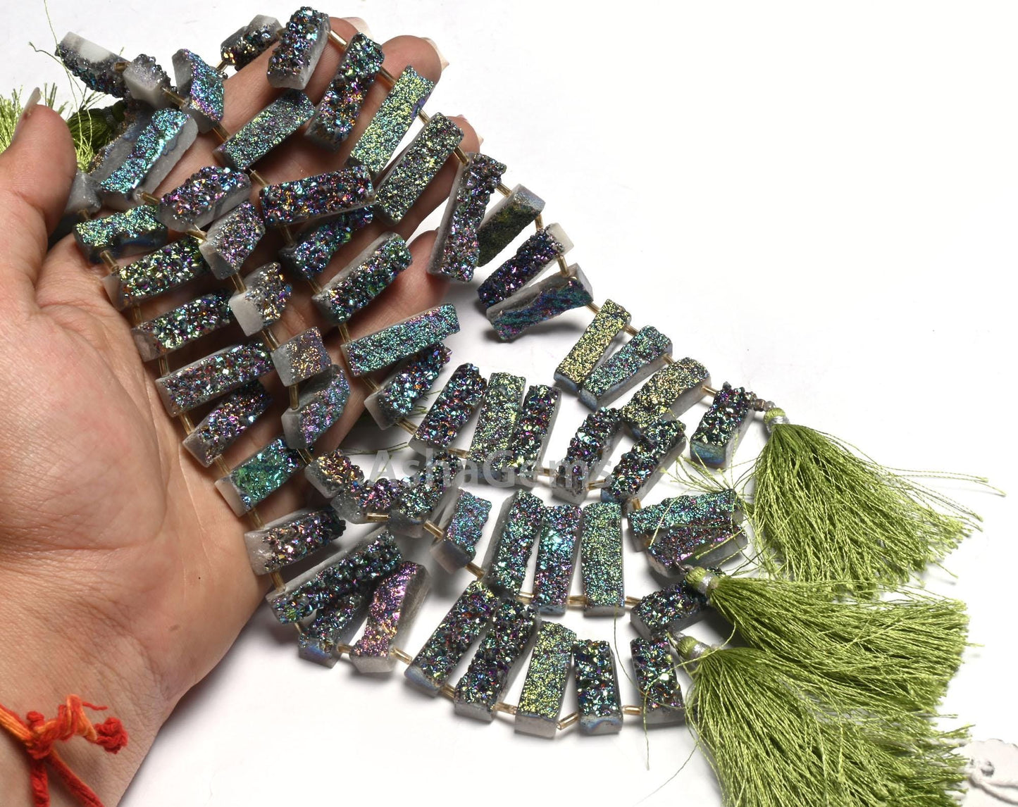 Beautiful Green Mystic Coated Druzy Fancy Long Slice Beads, Druzy Beads,8" Green Coated Drusy Fancy 7 Shape Gemstone Bead Jewelry Craft SALE