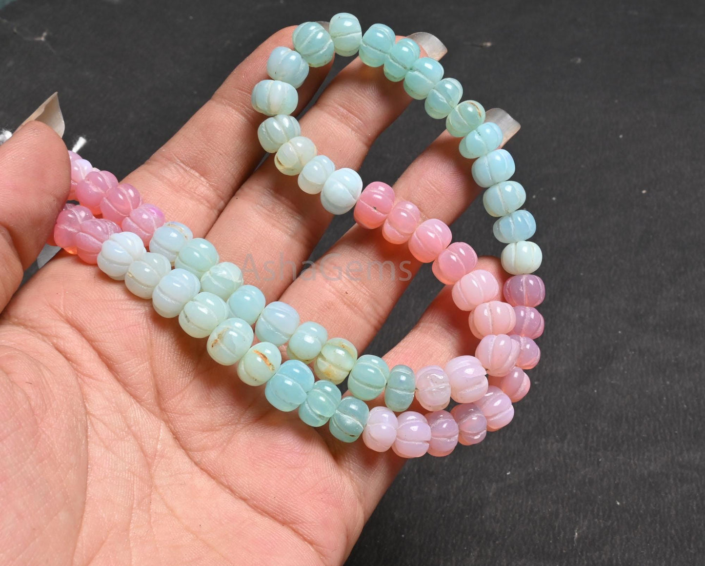 9 mm AAA Quality Peru Blue Pink Shaded Opal carving Watermelon Gemstone Beads Necklace,16" Multi Opal carved Pumpkin handmade Beads Jewelry