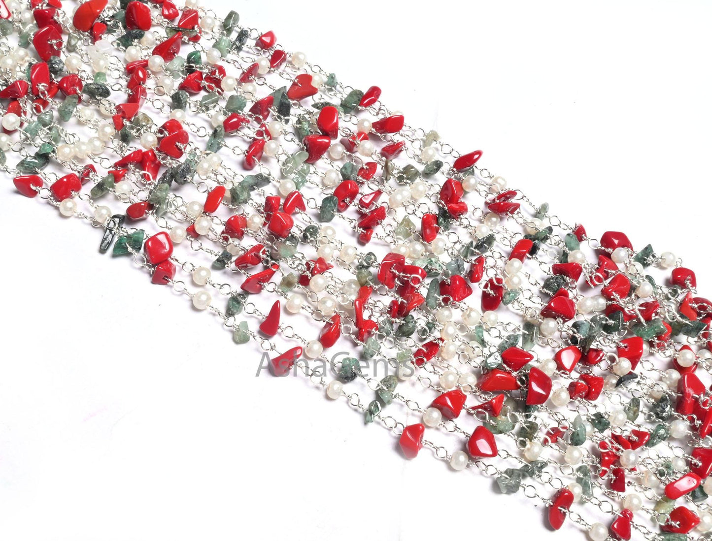 Beautiful Pearl Hydro, Red Stone, Emerald Uncut Chip Beads Rosary Chain, Gold, Silver Plated Multi Color Beaded Chains Jewelry Making Crafts