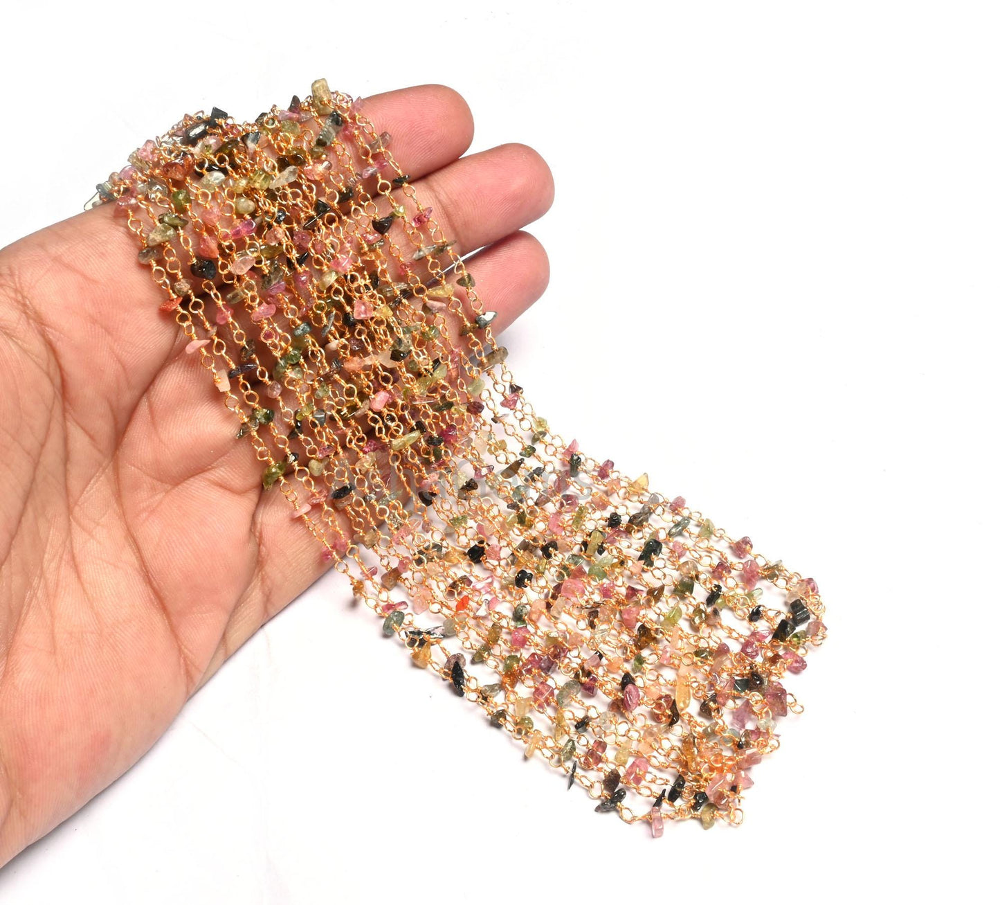 Beautiful Multi Tourmaline Uncut chips Chain, Natural Gemstone Uncut beads rosary chain Gold Plated wire Beaded Chain by Foot, Jewelry Craft