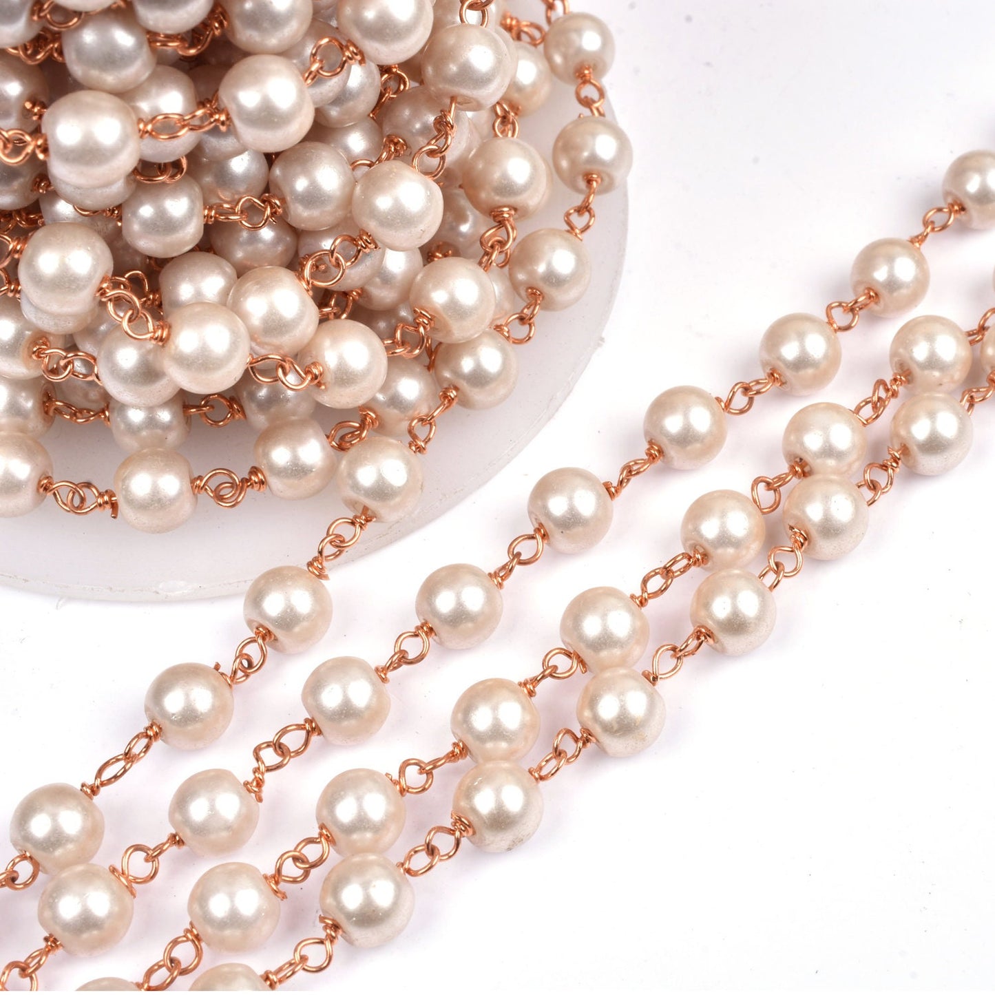 3,5,10,25 Ft,Pearl Hydro Rondelle Beaded Rosary Chain,Gold,Rose Gold Plated,Jewelry Making Chain,Finding,Beutiful Wire Wrapped Chain, 8 mm