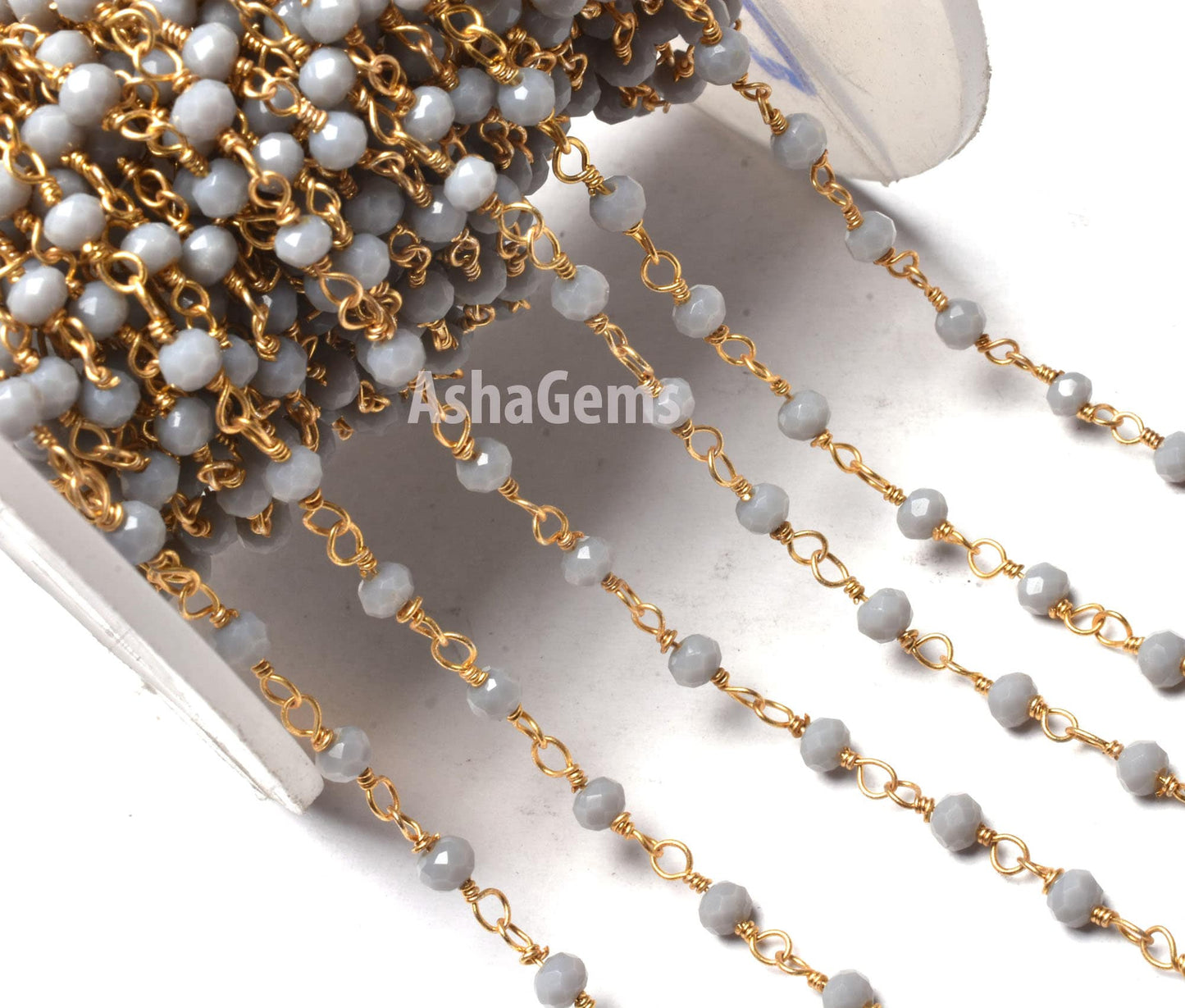 Grey Moonstone Hydro Beads Rosary Chain, Gold Plated Wire Wrap Jewelry Making Chain,3 mm Faceted Beads Chain Bulk Jewelry Making Craft SALE