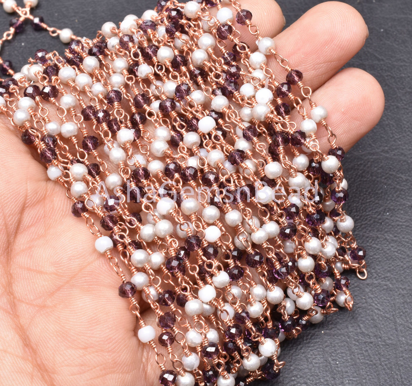 Beautiful White Pearl Garnet Hydro Faceted Rondelle Beads Rosary Chain Rose Gold Plated Copper Wire Wrap Chain SALE Jewelry making Craft 3mm