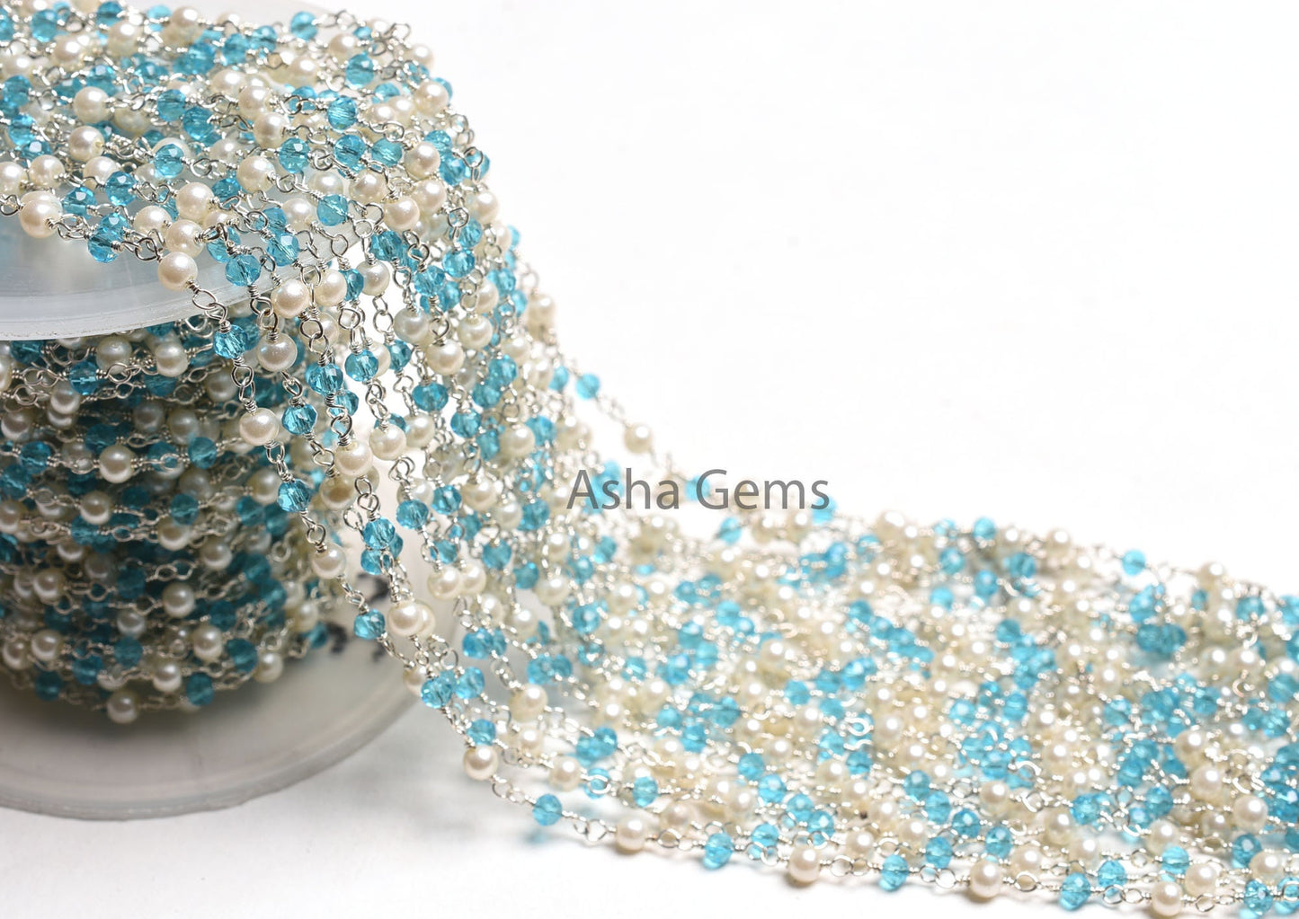 SALE Beautiful White Pearl, Blue Topaz Hydro Beads Rosary Chain, Faceted Rondelle Beaded Gold Plated Chain Wire Wrapped Jewelry Making Chain