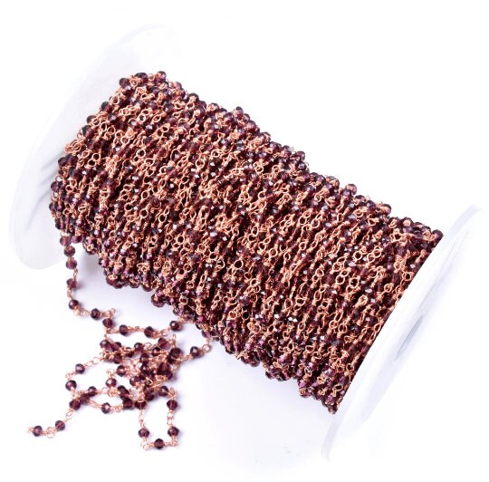 SALE 3,5,10,25 Ft Rhodolite Garnet Hydro Faceted Rondelle Beaded Rosary Chain Rose Gold Plated Wire,Jewelry Making Finding, Chain 3-3.5mm