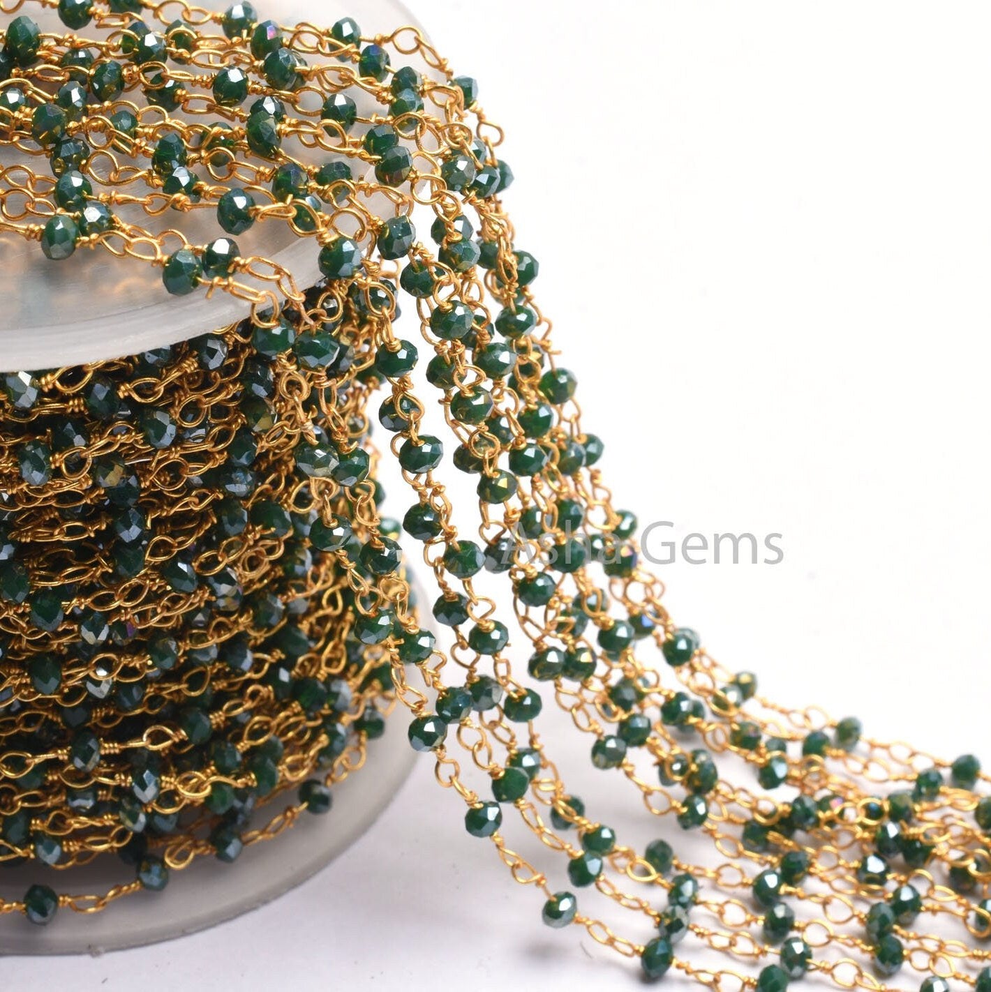 3,10,50 Feet Green Hydro Coated Beads Rosary Chain, Gold Plated Wire Wrap 3mm Micro Cut Rondelle Beaded Chain Jewelry Making handicraft SALE