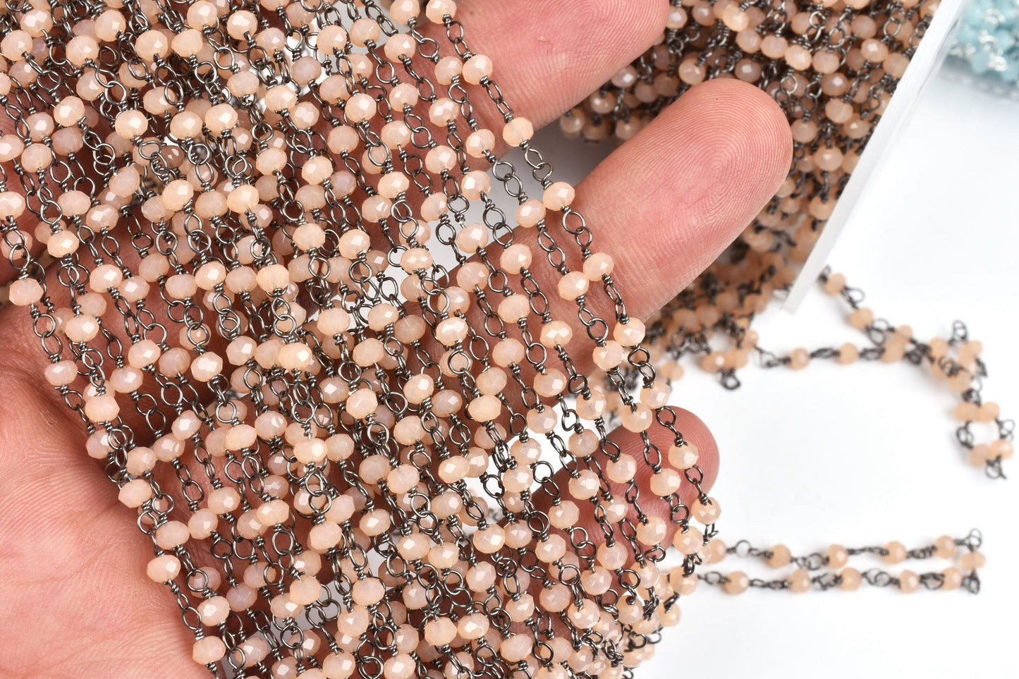 3,5,10,25 Foot,Peach Moonstone Hydro Rondelle Faceted Beaded Rosary Chain Black Metal Plated Wire,Jewelry Making,Finding,3-3.5mm,Bulk Chain
