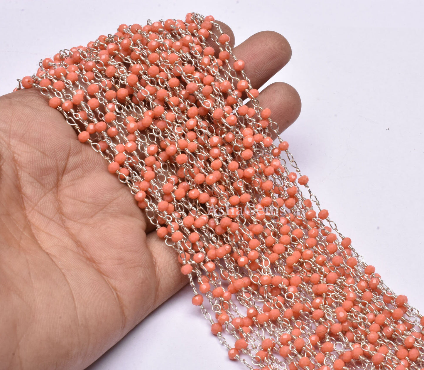 Beautiful Orange Coral Hydro Faceted Rondelle Beads Rosary Chain Silver Plated Wire Wrap Jewelry Making Chain,3-3.5mm Beaded Handmade Chains