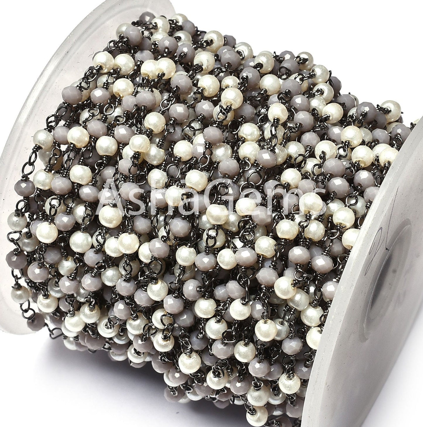 Fine White Pearl, Grey moonstone Hydro Beads Rosary Chain, Multi Color Rondelle Beaded Chain Black Plated Wire Wrap Gunmetal Chains Jewelry