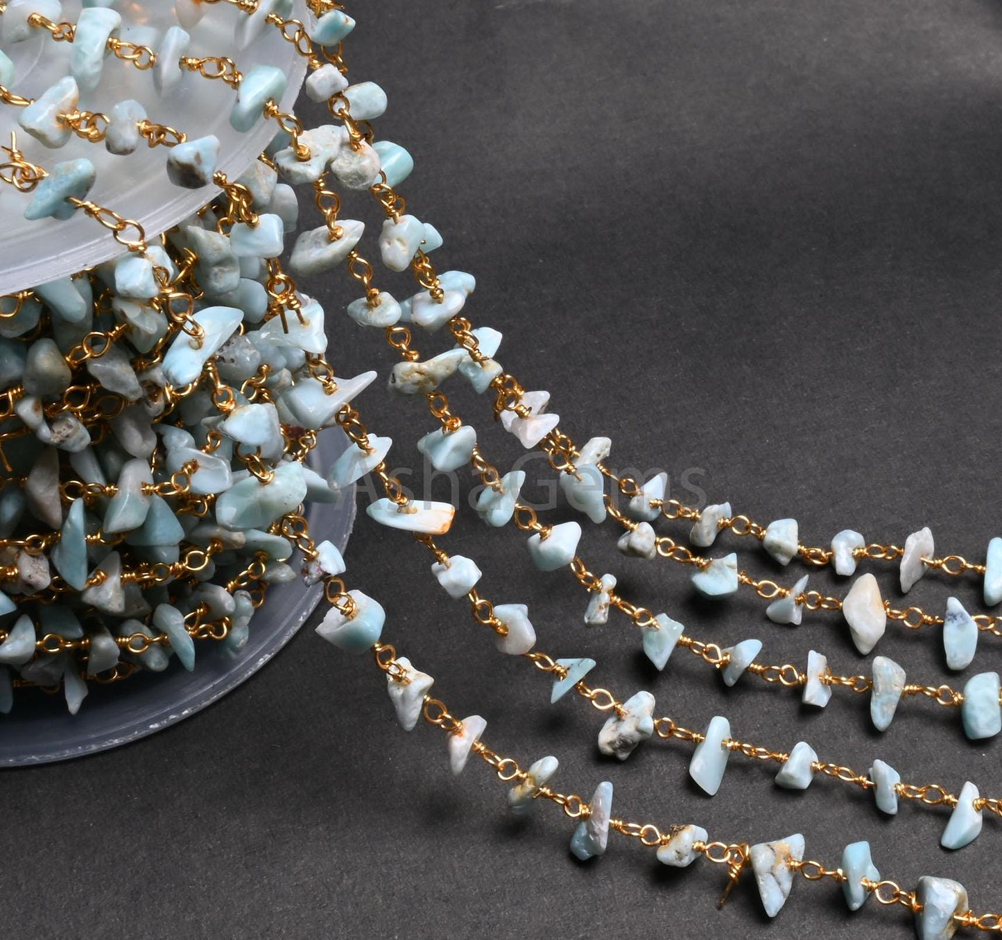 3,5,10,25,Ft Natural Blue Larimar Uncut Chip Beads Rosary Chain Gemstone Beads Chain,Smooth Nugget Beaded Chain,Gold Plated Wire,Finding,