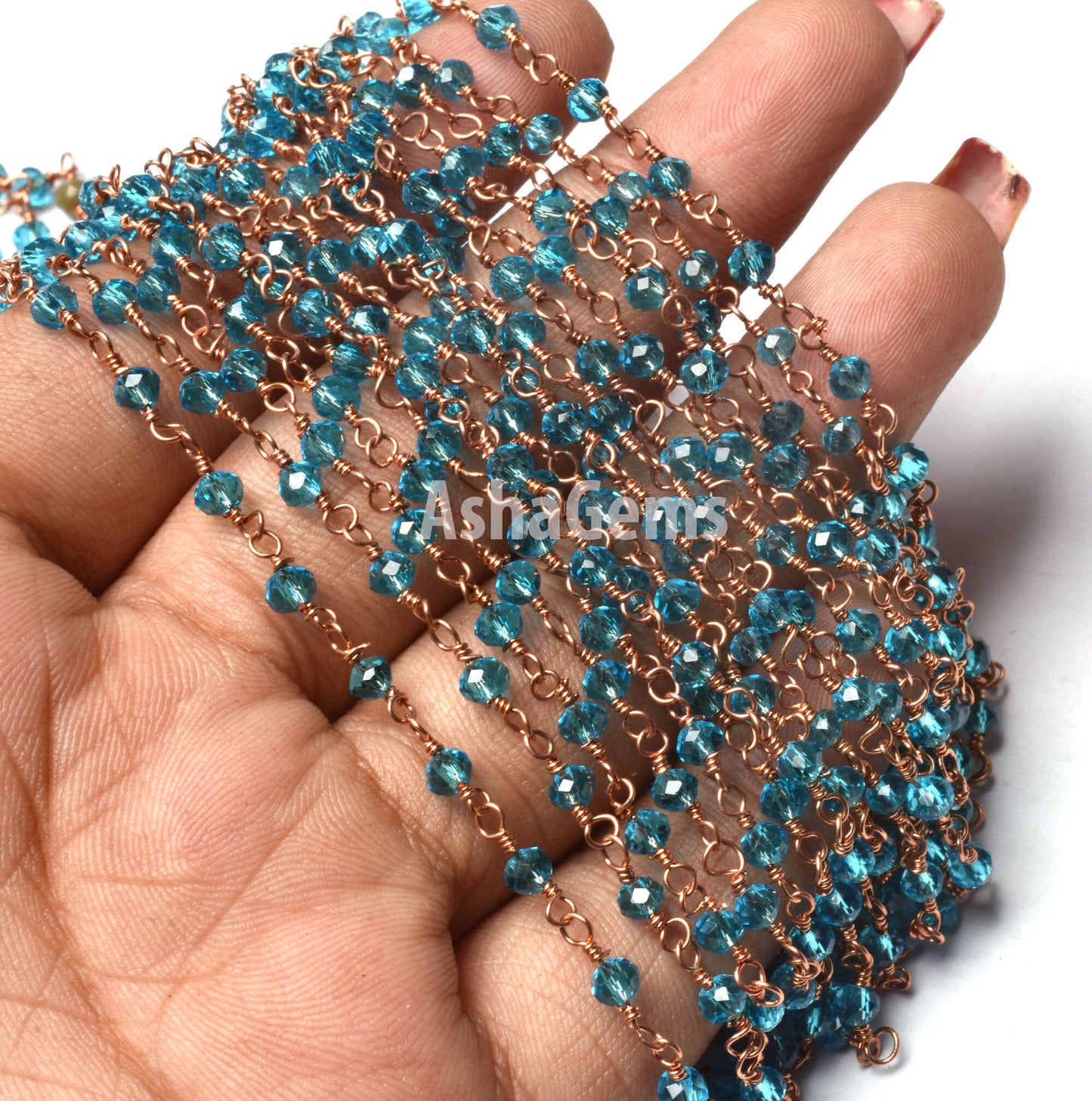 3,10,50 Feet Blue Topaz Hydro Faceted Rondelle Beads Rosary Chain Rose Gold Plated Copper Wire Wrapped Jewelry Making Chain Rosary Necklace