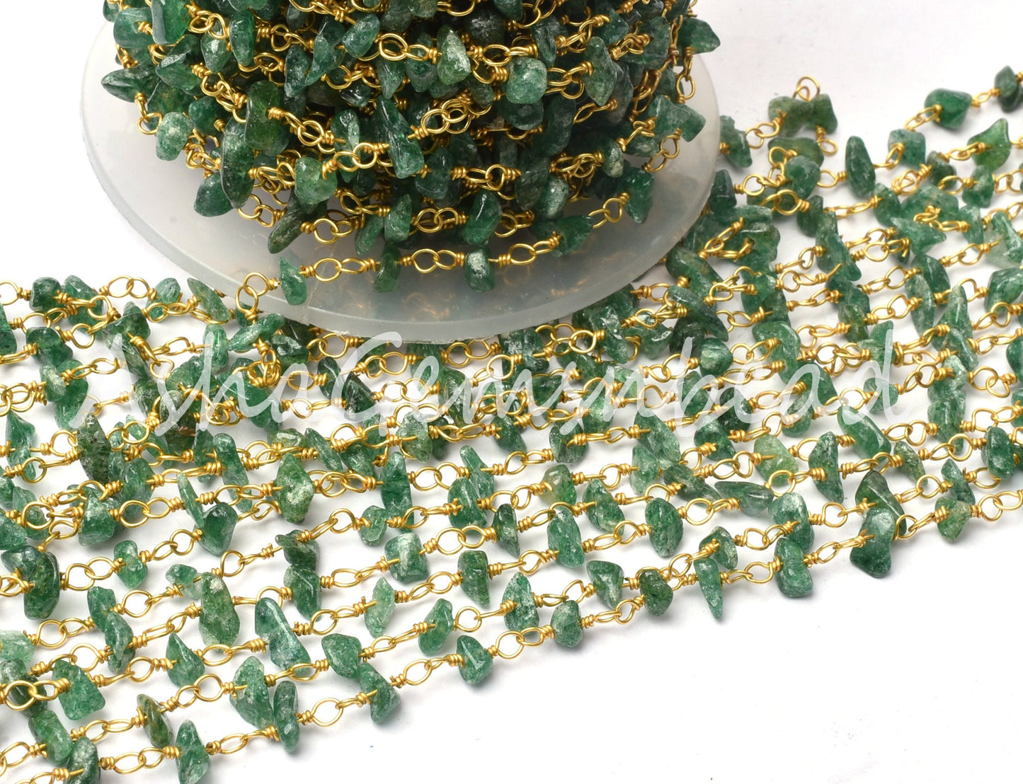 Natural Green Mica Uncut Beads Rosary Chain, Mica Smooth Nugget Beaded Rosary Chain Gold Plated Wire Wrap handmade Gemstone Chain Craft SALE