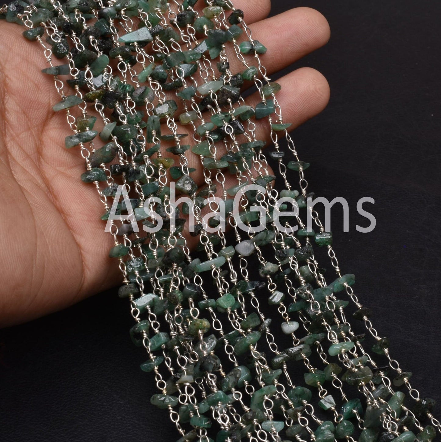 Natural Green Emerald uncut chip Beads Rosary Chain Silver Plated Wire Wrap Emerald Chip Beaded handmade Chains For Jewelry Necklace Crafts