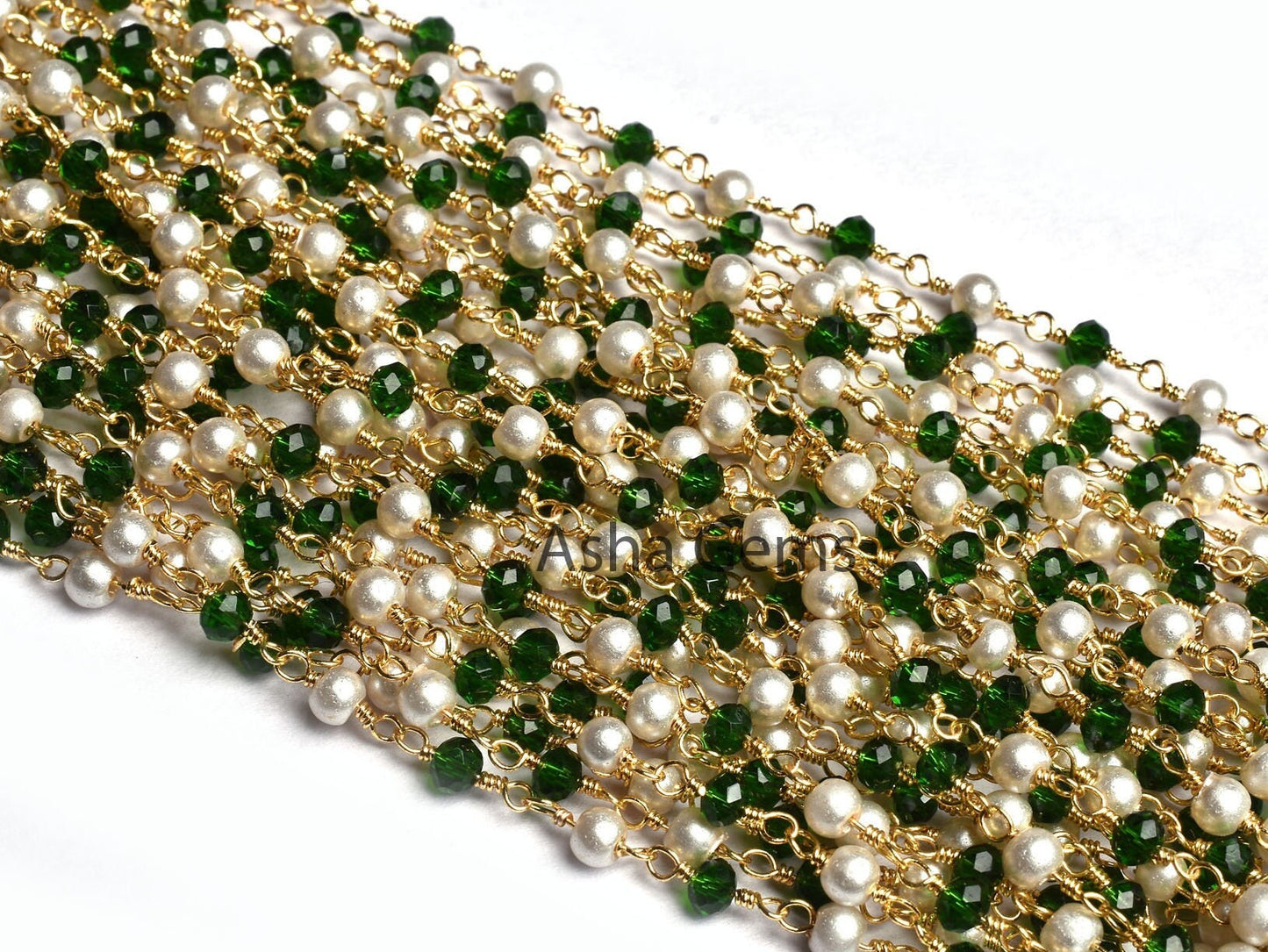 Beautiful White Pearl Chrome Diopside Hydro Faceted Rondelle Beads Rosary Chain Gold Plated Wire Wrapped Chain Jewelry making Finding, Chain