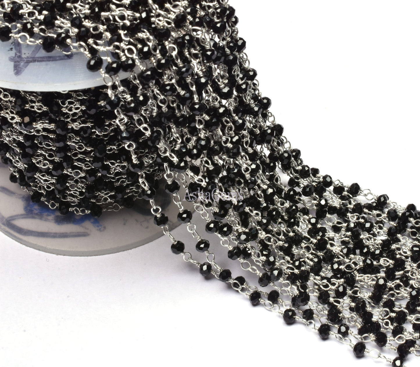 AAA Quality Black Onyx Hydro Micro Cut Rondelle Beads Rosary Chain 3mm, Silver Plated Wire Handmade Chain By Foot For Jewelry Necklace Craft