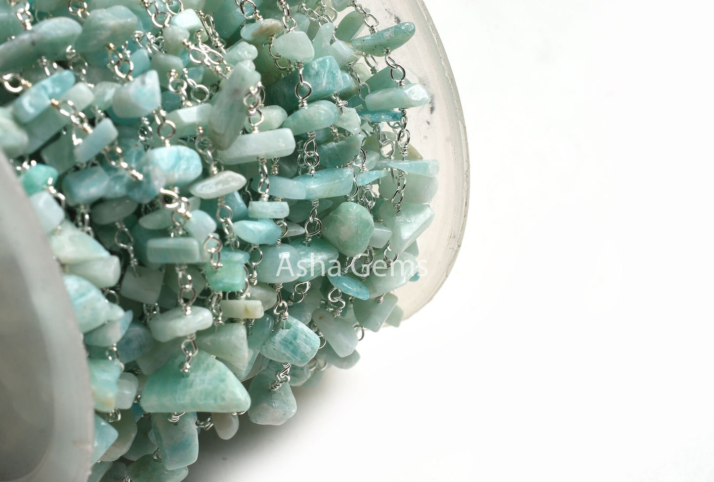 Natural Blue Amazonite Uncut Chip Beads Rosary Chain By Foot Silver, Black Plated Wire Wrap Nuggets Gemstone Bead Chain For Jewelry Necklace