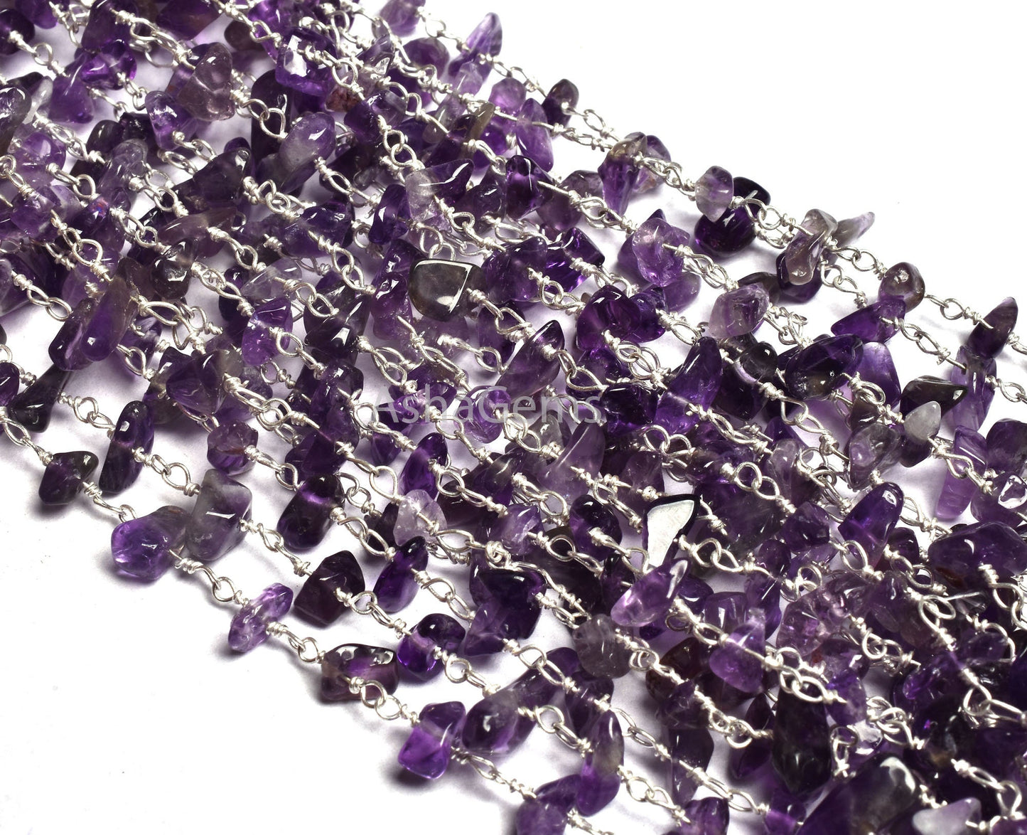 Nugget Rosary Chain,3,5,10 By Feet,Natural Purple African Amethyst Uncut Chips Beaded Rosary Chain,Gold,Silver Plated Wire,Chain,Bulk Roll
