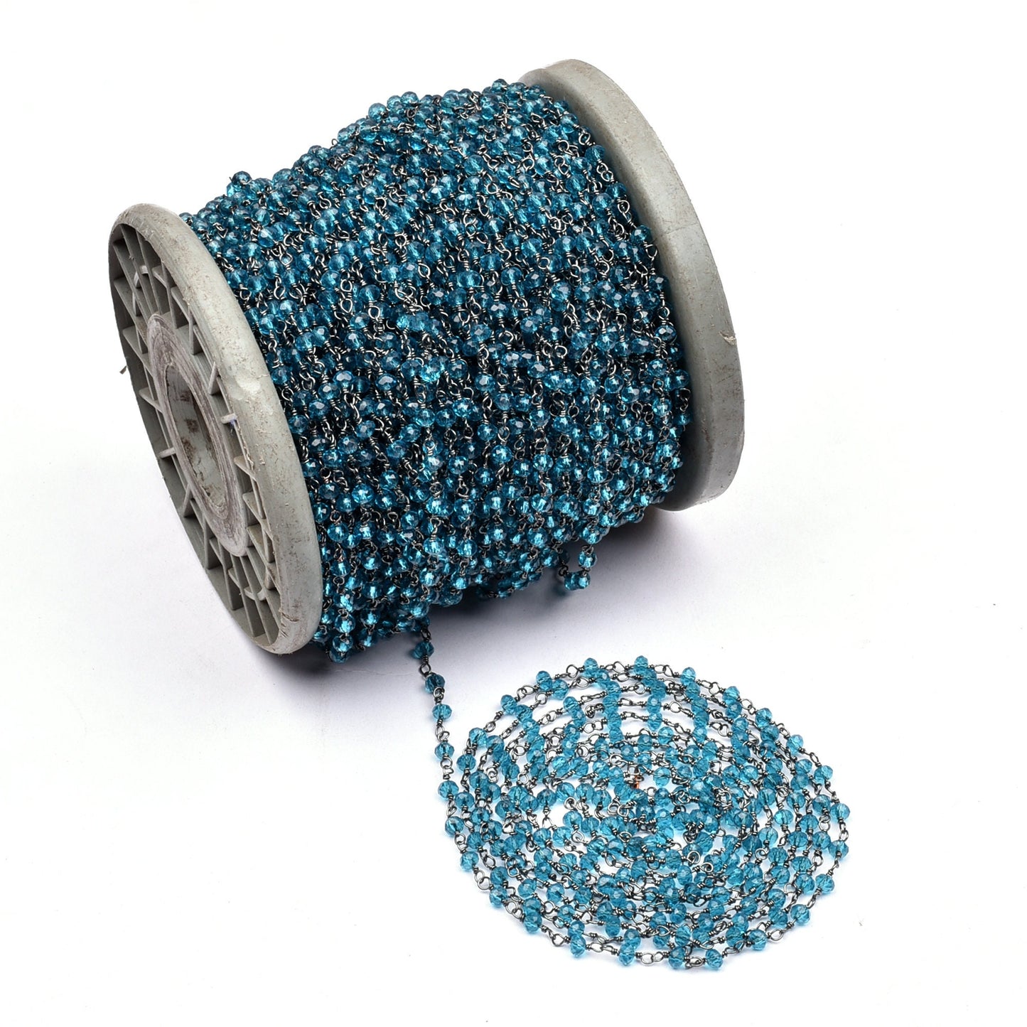 AAA Blue Topaz Hydro Faceted Rondelle Beads Rosary Chain Black Plated Gunmetal Wire Wrap Beaded Handmade Chain Jewelry Making Necklace Craft