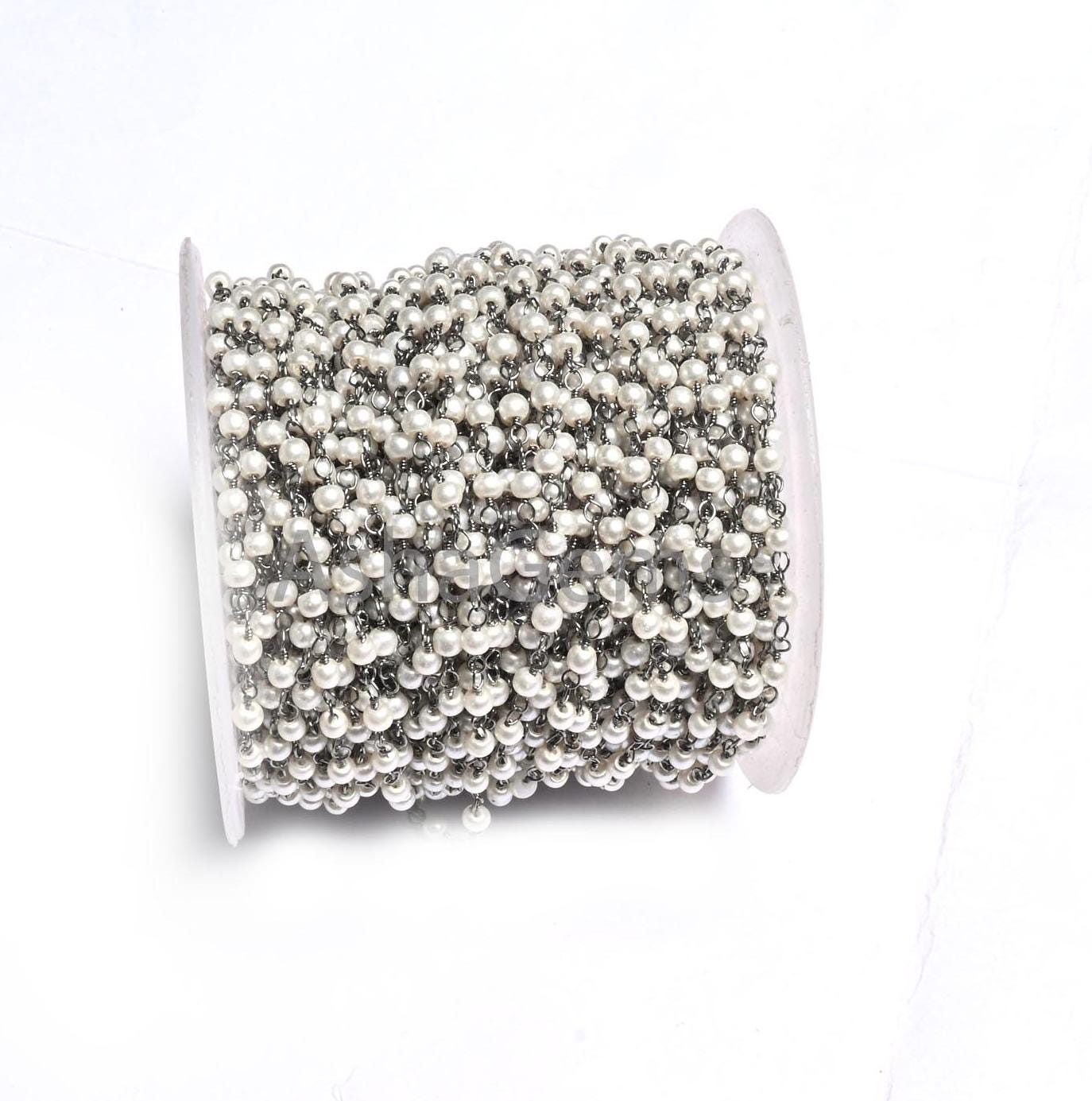 Beautiful  White Pearl Hydro smooth Rondelle Beads Rosary Chain,3 mm Gold, Black Plated Wire Wrap Beaded handmade Chain Jewelry Making Craft