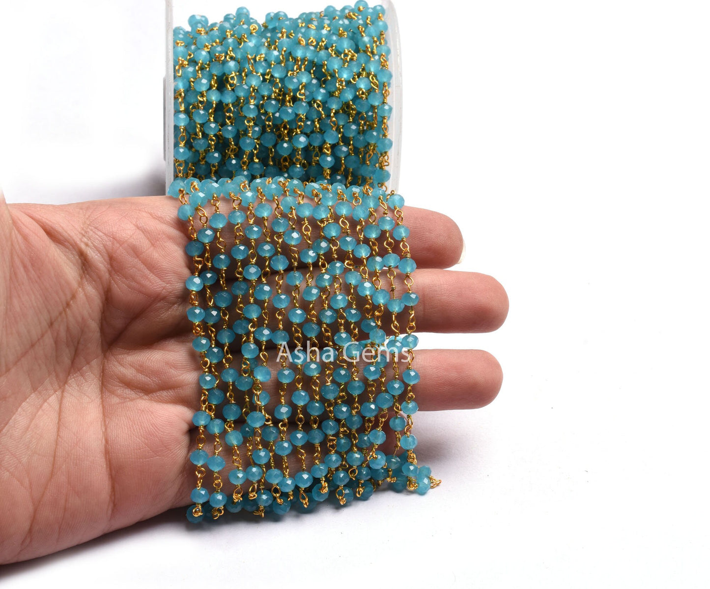 4 mm Blue Milky Chalcedony Hydro Beads Rosary Chain 1,3,5,10,25 Feet Gold Plated Wire Wrap Faceted Rondelle Beaded Rosary Chain Jewelry SALE