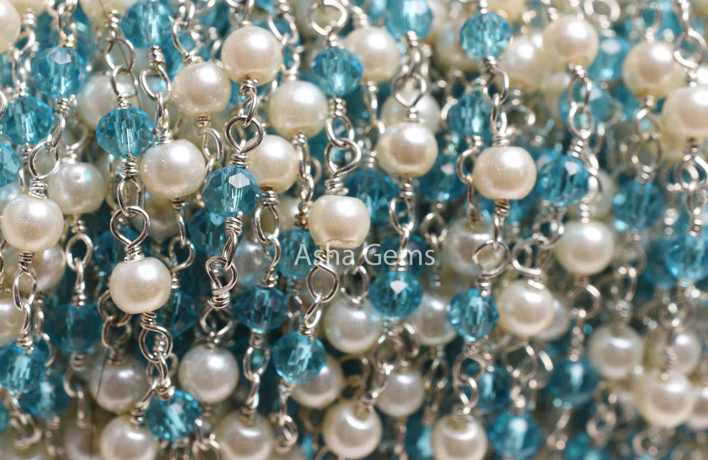 SALE Beautiful White Pearl, Blue Topaz Hydro Beads Rosary Chain, Faceted Rondelle Beaded Gold Plated Chain Wire Wrapped Jewelry Making Chain