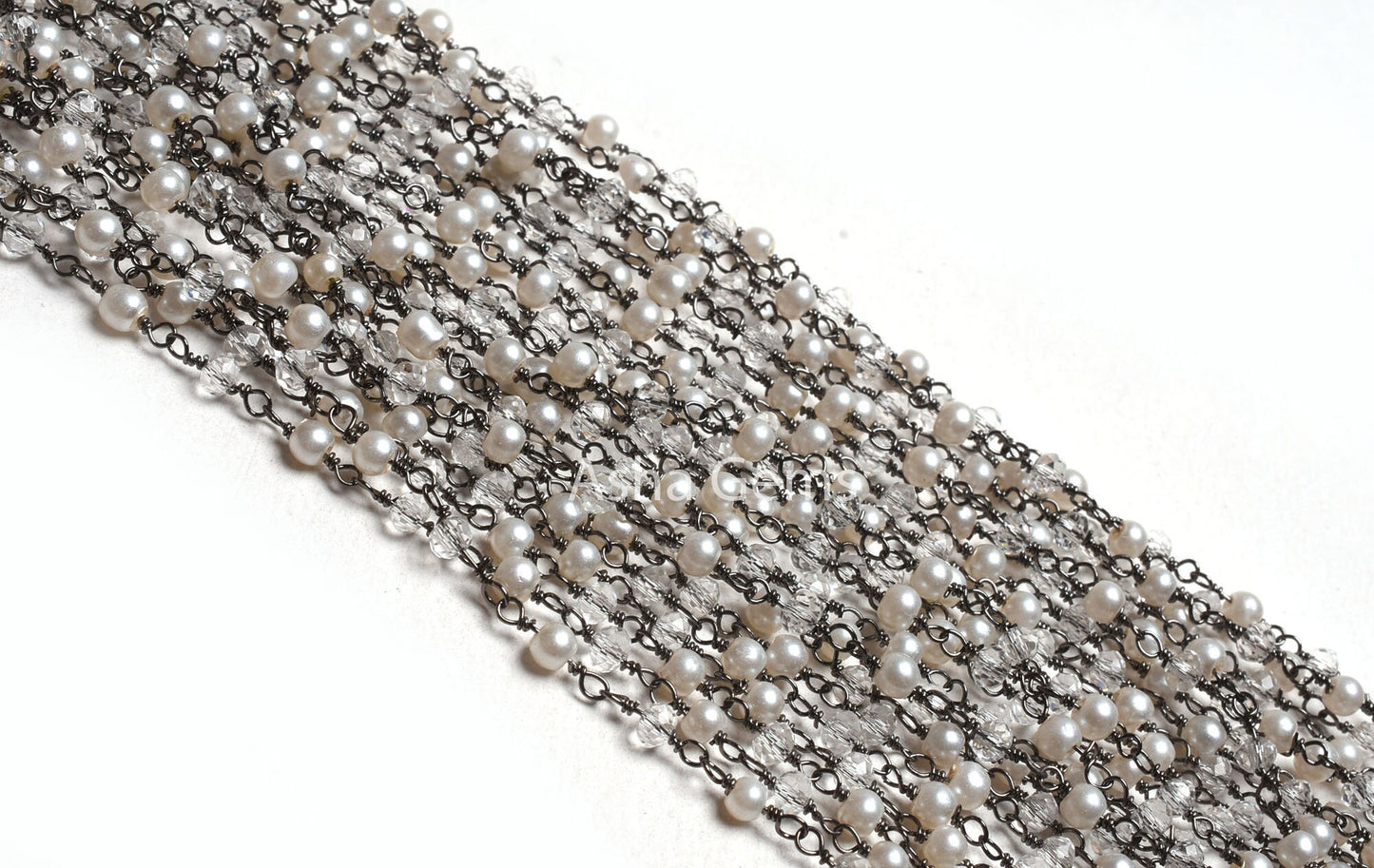 Beautiful Pearl, Crystal Quartz Hydro Beads Rosary Chain Black Metal Plated Wire Wrap Chain Roll Gunmetal Rosary Chain Necklace Jewelry SALE