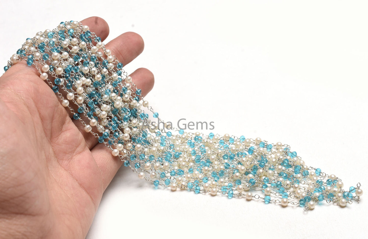 SALE Beautiful White Pearl, Blue Topaz Hydro Beads Rosary Chain, Faceted Rondelle Beaded Gold Plated Chain Wire Wrapped Jewelry Making Chain