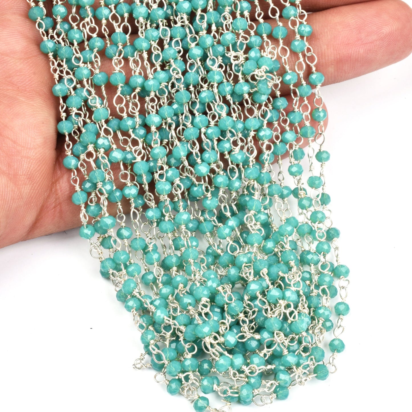 AAA Amazonite Hydro Faceted Rondelle Beads Rosary Chain, Silver, Gunmetal Plated Wire Wrap Beaded Handmade Chain Jewelry making Necklace 3mm